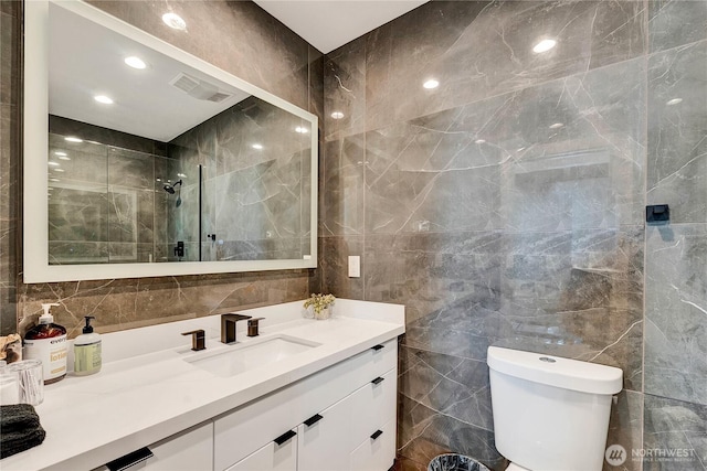 108 E Lake Stevens Rd, Lake Stevens, WA 98258 - bathroom with tile walls, vanity, and a tile shower