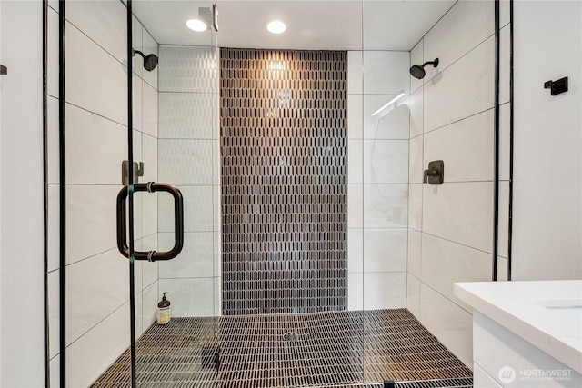 108 E Lake Stevens Rd, Lake Stevens, WA 98258 - full bathroom with a stall shower, vanity, and recessed lighting