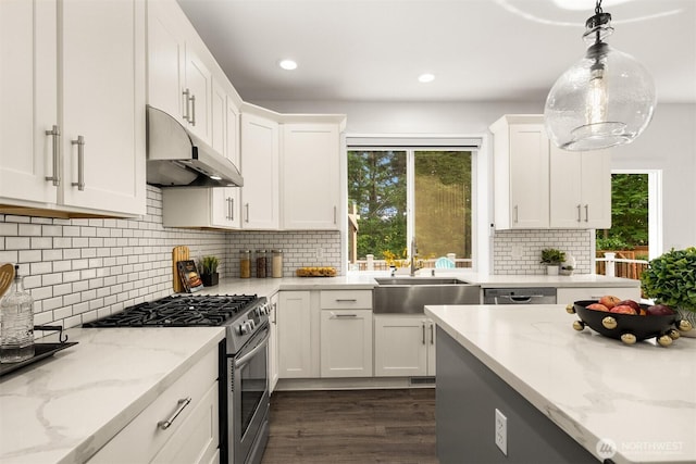 7645 Dogwood Ln SE, Snoqualmie, WA 98065 - kitchen with stainless steel appliances, under cabinet range hood, plenty of natural light, white cabinetry, and recessed lighting