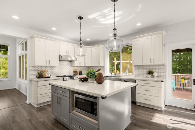 7645 Dogwood Ln SE, Snoqualmie, WA 98065 - kitchen with appliances with stainless steel finishes, under cabinet range hood, white cabinetry, decorative backsplash, and recessed lighting