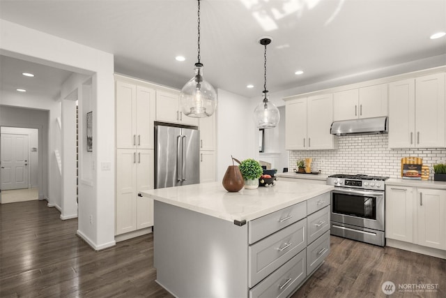 7645 Dogwood Ln SE, Snoqualmie, WA 98065 - kitchen featuring stainless steel appliances, under cabinet range hood, recessed lighting, backsplash, and dark wood-type flooring