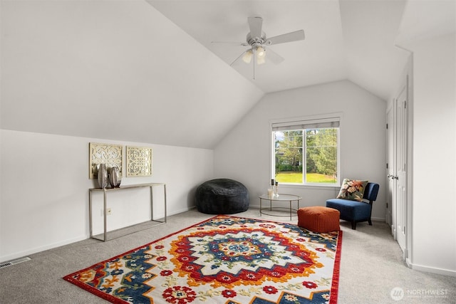 7645 Dogwood Ln SE, Snoqualmie, WA 98065 - living area featuring carpet, vaulted ceiling, and a ceiling fan