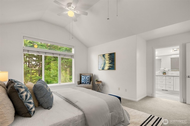7645 Dogwood Ln SE, Snoqualmie, WA 98065 - bedroom featuring lofted ceiling, light carpet, connected bathroom, and ceiling fan