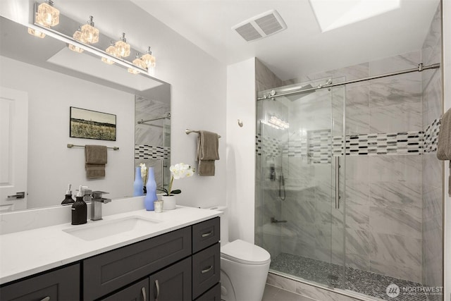 7645 Dogwood Ln SE, Snoqualmie, WA 98065 - bathroom with vanity, a shower stall, and marble finish floors