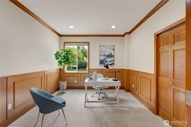 8228 NE 187th Way, Kenmore, WA 98028 - carpeted office space featuring ornamental molding, wainscoting, recessed lighting, and a decorative wall