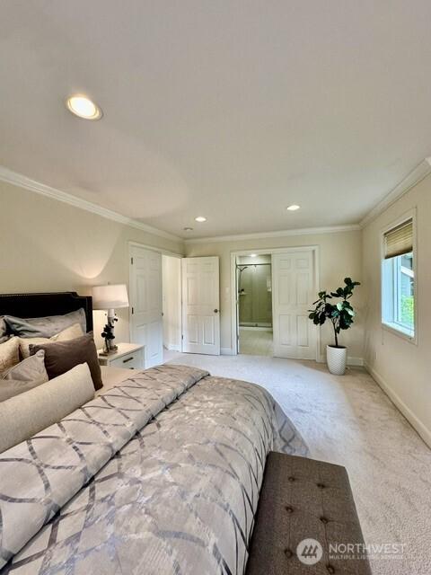 8228 NE 187th Way, Kenmore, WA 98028 - bedroom featuring light carpet, crown molding, and recessed lighting