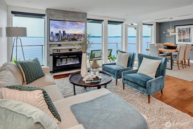 3717 Beach Dr SW Unit 207, Seattle, WA 98116 - living area with wood finished floors, a water view, a chandelier, and a large fireplace