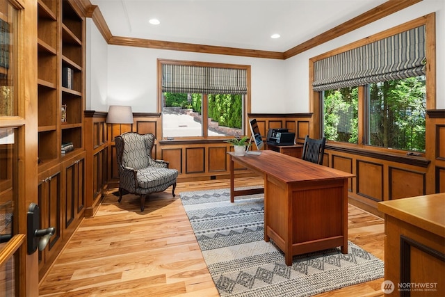 8260 Avalon Dr, Mercer Island, WA 98040 - office area with a wainscoted wall, crown molding, a decorative wall, light wood-style floors, and recessed lighting