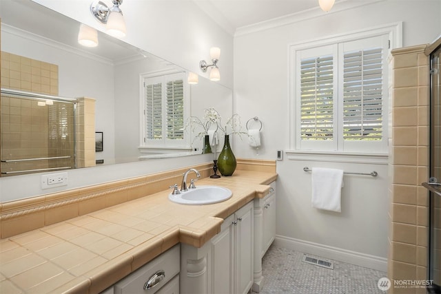 8260 Avalon Dr, Mercer Island, WA 98040 - full bath featuring vanity, tiled shower, crown molding, and tile patterned flooring