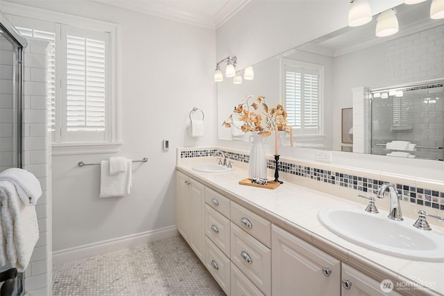 8260 Avalon Dr, Mercer Island, WA 98040 - bathroom featuring crown molding, double vanity, decorative backsplash, a tile shower, and baseboards