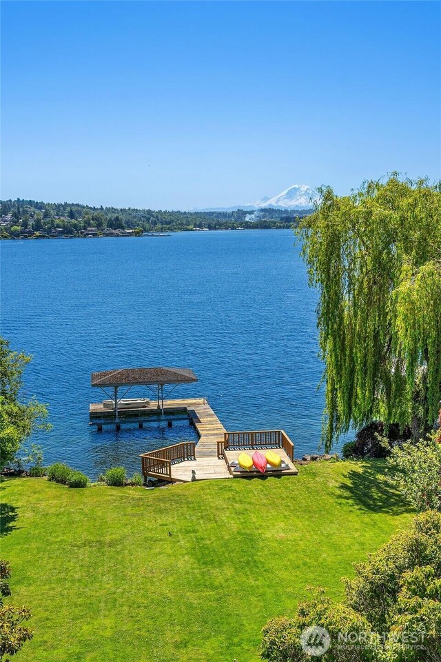 8260 Avalon Dr, Mercer Island, WA 98040 - dock with a water and mountain view and a yard