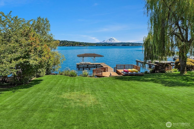 8260 Avalon Dr, Mercer Island, WA 98040 - dock featuring a water and mountain view and a lawn
