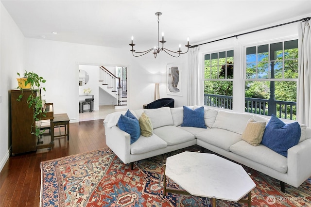 5940 Rose Loop NE, Bainbridge Island, WA 98110 - living area with stairs, a chandelier, and hardwood / wood-style floors