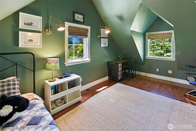 5940 Rose Loop NE, Bainbridge Island, WA 98110 - bedroom featuring vaulted ceiling, multiple windows, and wood finished floors