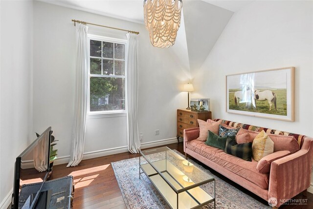 5940 Rose Loop NE, Bainbridge Island, WA 98110 - living area featuring wood-type flooring, a chandelier, and lofted ceiling