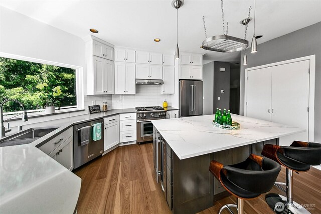 11115 NE 95th St, Kirkland, WA 98033 - kitchen with premium appliances, under cabinet range hood, a sink, dark wood-style floors, and decorative backsplash