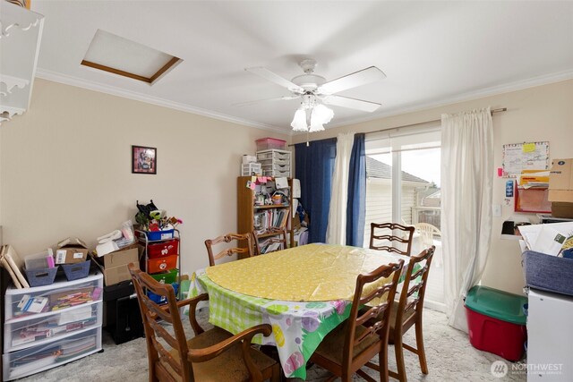 9757 Spinnaker Blvd NW, Silverdale, WA 98383 - dining area featuring attic access, ornamental molding, ceiling fan, and light colored carpet