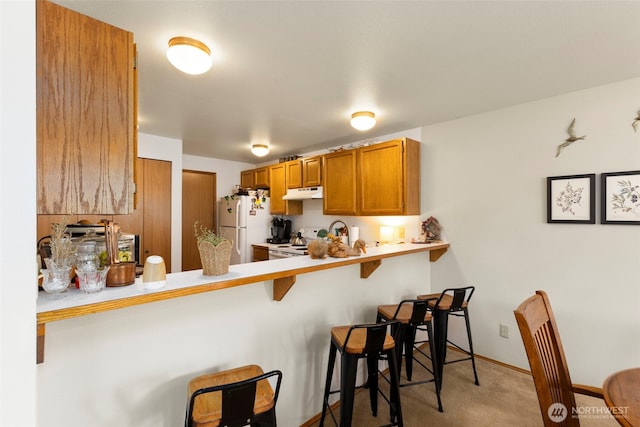9695 Spinnaker Blvd NW, Silverdale, WA 98383 - kitchen with white appliances, brown cabinetry, under cabinet range hood, light carpet, and a breakfast bar
