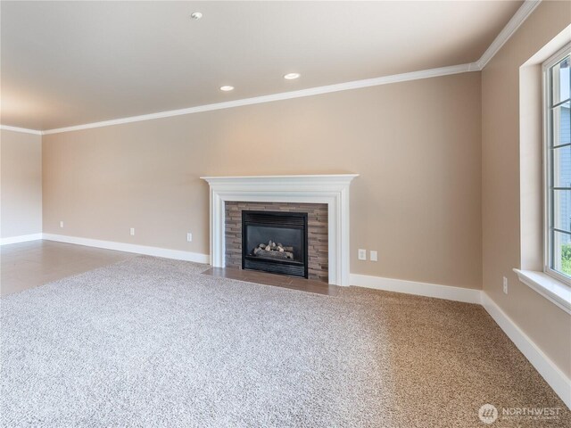 2422 Highland View Dr, East Wenatchee, WA 98802 - unfurnished living room featuring carpet flooring, crown molding, baseboards, a fireplace, and recessed lighting