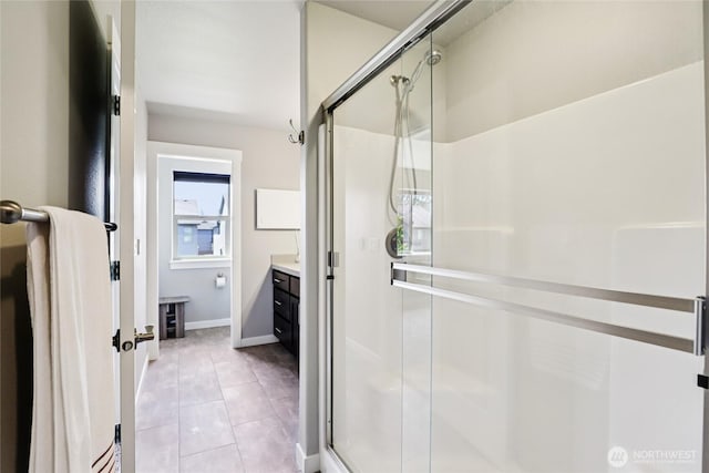 15323 NE 108th Way, Vancouver, WA 98682 - bathroom with a shower stall, vanity, and tile patterned floors
