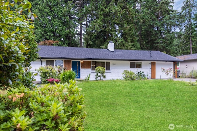 7713 NE 141st St, Kirkland, WA 98034 - ranch-style house featuring a front lawn, a chimney, an attached garage, brick siding, and roof with shingles
