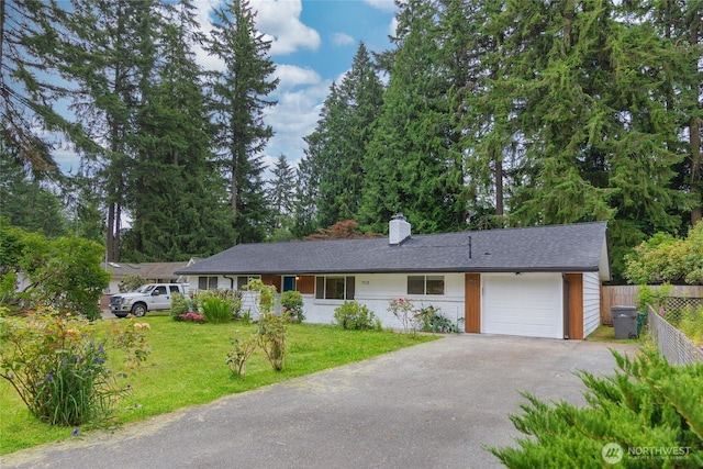 7713 NE 141st St, Kirkland, WA 98034 - ranch-style house with asphalt driveway, a chimney, and an attached garage