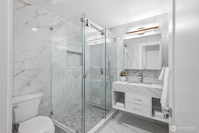 7713 NE 141st St, Kirkland, WA 98034 - full bath featuring marble look tile flooring, vanity, a marble finish shower, and tile walls