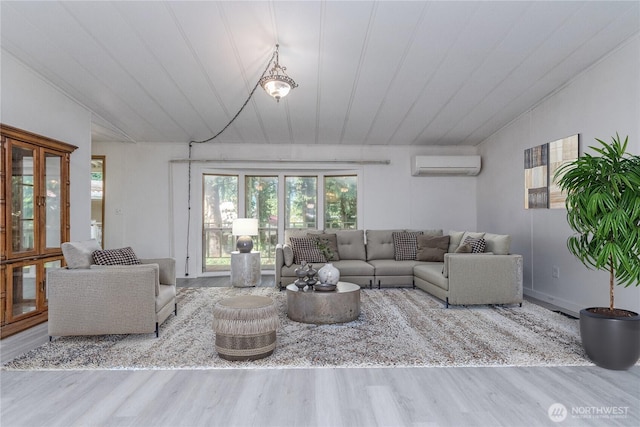 24443 Wicker Rd Unit 16, Sedro Woolley, WA 98284 - living room featuring an AC wall unit, wood finished floors, and vaulted ceiling