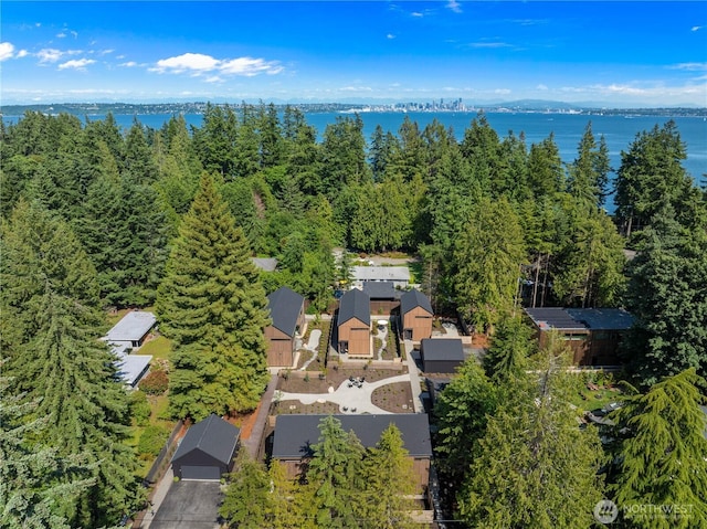 580 Park Ave NE, Bainbridge Island, WA 98110 - view from above of property with a nearby body of water and a heavily wooded area