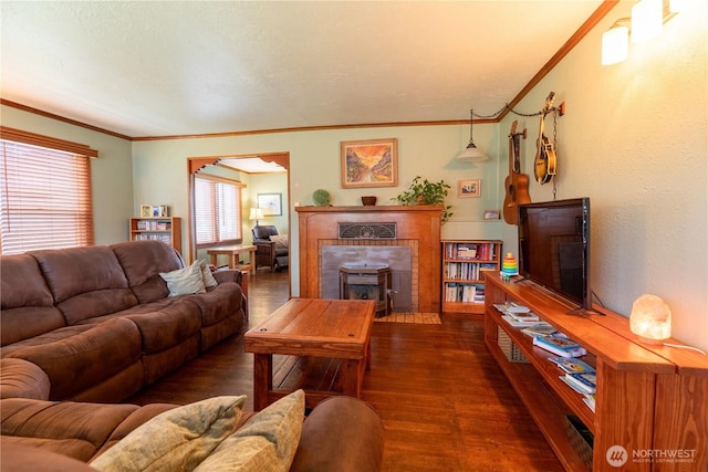 50 Blackberry St, Forks, WA 98331 - living room featuring dark wood-style floors, ornamental molding, and a fireplace with flush hearth