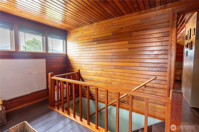 50 Blackberry St, Forks, WA 98331 - staircase with a relaxing sauna, wooden walls, wood-type flooring, and wooden ceiling