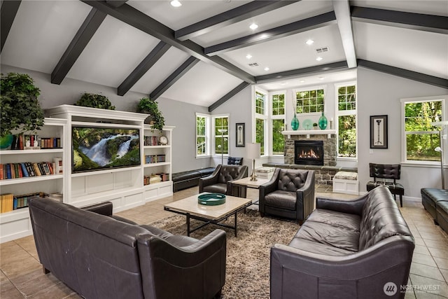 5100 Talbot Pl S Unit F, Renton, WA 98055 - living area featuring a stone fireplace, tile patterned floors, and recessed lighting