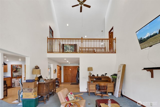 8120 Gordon Rd, Concrete, WA 98237 - living area with a towering ceiling, ceiling fan, and recessed lighting