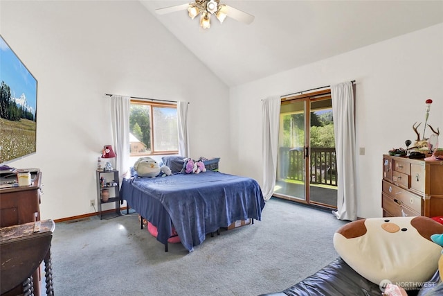 8120 Gordon Rd, Concrete, WA 98237 - carpeted bedroom featuring access to exterior, high vaulted ceiling, a ceiling fan, and baseboards