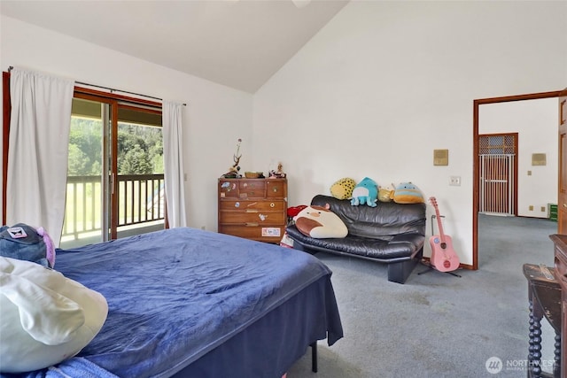 8120 Gordon Rd, Concrete, WA 98237 - bedroom featuring carpet floors, access to exterior, and high vaulted ceiling