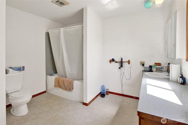 8120 Gordon Rd, Concrete, WA 98237 - bathroom featuring tile patterned floors, vanity, toilet, shower / tub combo with curtain, and baseboards