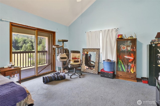 8120 Gordon Rd, Concrete, WA 98237 - bedroom with access to outside, carpet floors, and high vaulted ceiling