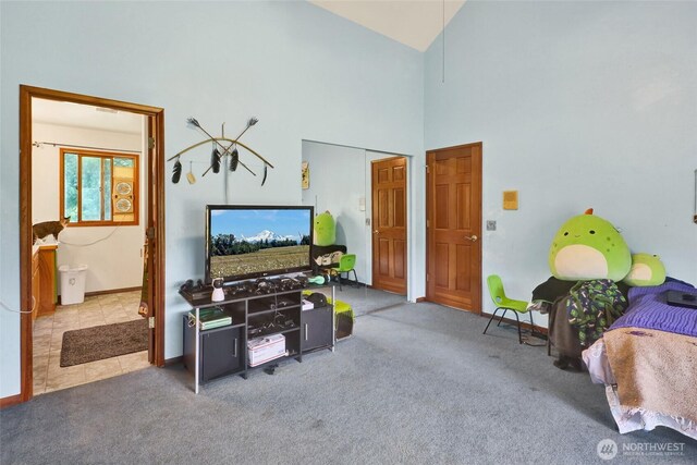 8120 Gordon Rd, Concrete, WA 98237 - living room featuring carpet, high vaulted ceiling, and baseboards