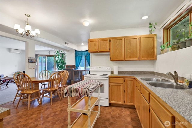 8120 Gordon Rd, Concrete, WA 98237 - kitchen with electric stove, a sink, a chandelier, a wall unit AC, and pendant lighting
