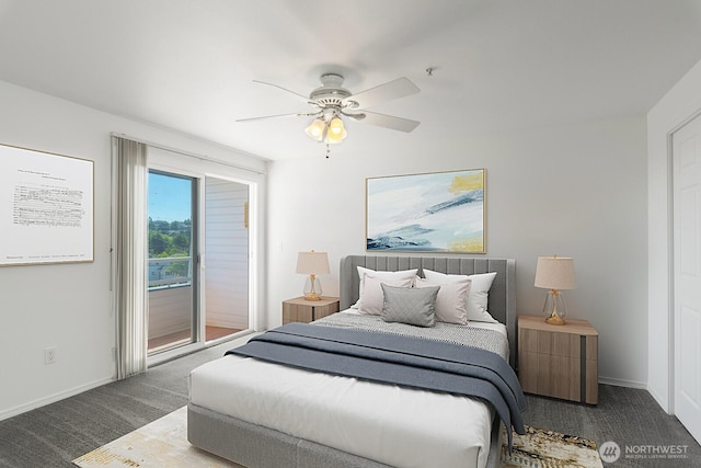 910 34th St Unit 302, Anacortes, WA 98221 - bedroom with carpet, access to exterior, baseboards, and a ceiling fan