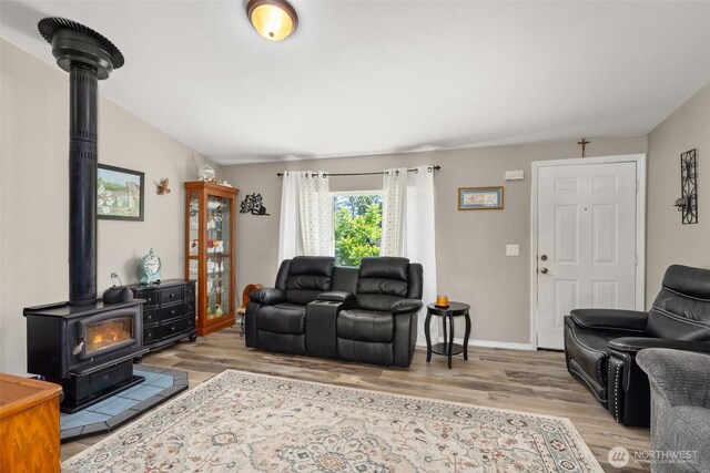 101 Shenandoah Dr, Silverlake, WA 98645 - living room featuring a wood stove and wood finished floors