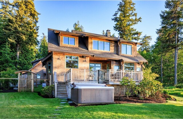 385 Sunset Ave, Orcas Island, WA 98245 - back of property featuring a chimney, stairs, a lawn, and roof with shingles