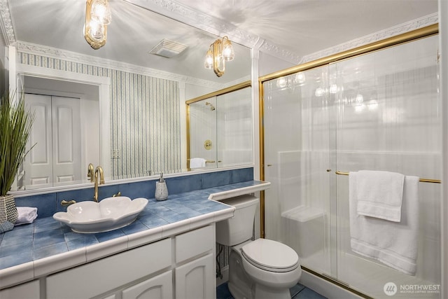 3604 Serene Way, Lynnwood, WA 98087 - full bathroom featuring vanity, a shower stall, and wallpapered walls