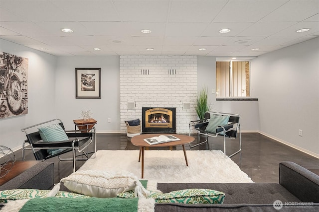 3604 Serene Way, Lynnwood, WA 98087 - living room featuring a brick fireplace, a drop ceiling, and recessed lighting