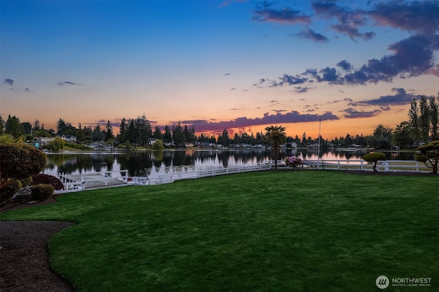 3604 Serene Way, Lynnwood, WA 98087 - yard at dusk with a water view, a yard, and a dock
