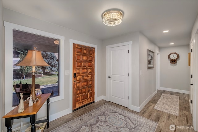3418 Mari Lane Dr, Wenatchee, WA 98801 - entrance foyer with wood finished floors, a chandelier, and recessed lighting