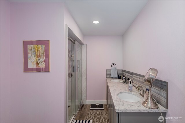 3418 Mari Lane Dr, Wenatchee, WA 98801 - full bath featuring a shower stall, double vanity, and recessed lighting