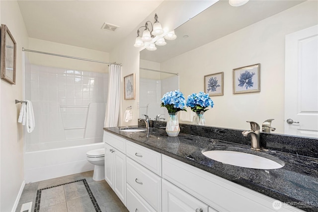 17445 NE 28th St, Redmond, WA 98052 - full bath featuring double vanity, shower / bath combination with curtain, inlaid floor details, and tile patterned flooring