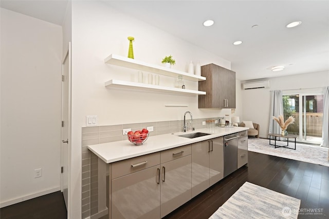8505A 14th Ave NW, Seattle, WA 98117 - kitchen with a wall unit AC, stainless steel dishwasher, open shelves, recessed lighting, and light countertops