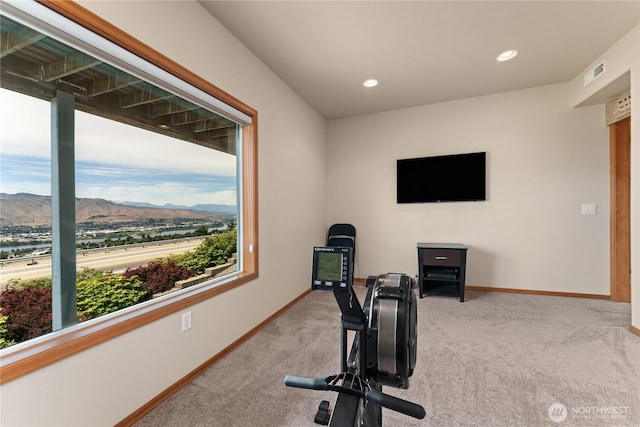 582 Lower Daniels Dr, East Wenatchee, WA 98802 - exercise room with a mountain view, carpet floors, and recessed lighting